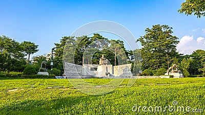 Statue of Lee Si-yeong, the first Vice President of South Korea, at Namsan Park in the beautiful evening sunset Editorial Stock Photo