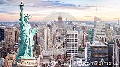 The Statue of Liberty with aerial view of Manhattan skyline background, skyscraper in New York City at sunset in evening Editorial Stock Photo