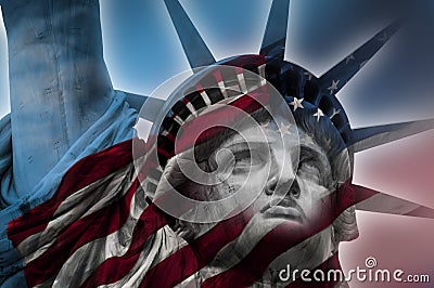 Statue of Liberty and the American flag Stock Photo