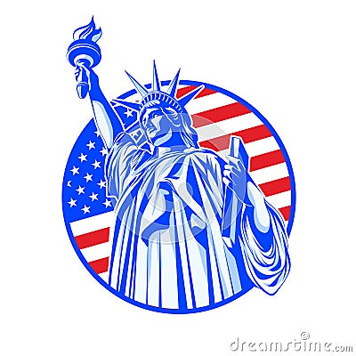 Statue of liberty in blue on the background of the USA flag Vector Illustration