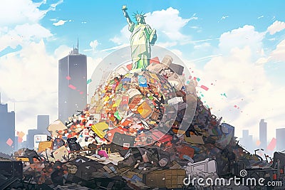 Statue of Liberty emerging from a pile of trash, its base swallowed by garbage, concept of environmental crisis. Generative AI Cartoon Illustration