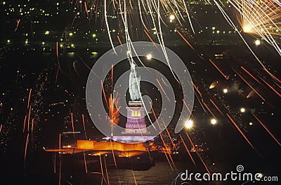 Statue of Liberty with Fireworks at Night, New York City, New York Editorial Stock Photo
