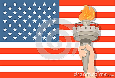 Statue of Liberty hand with torch and USA flag on background. July 4th. Independence Day Vector Illustration