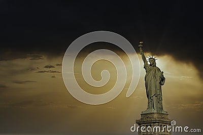 Statue of Liberty after heavy storm. Democracy on fire. Stock Photo