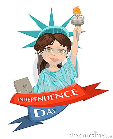 Statue of Liberty. July 4th. Independence Day. Cute cartoon stylized character, greeting card. Vector Illustration