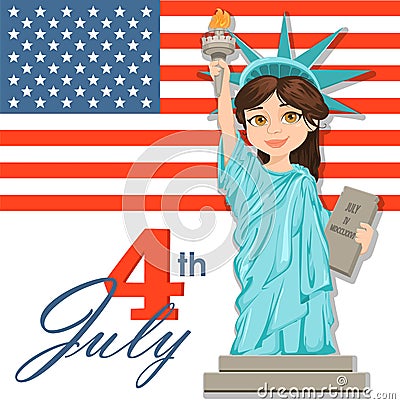 Statue of Liberty. July 4th. Independence Day. Cute cartoon stylized character with USA flag on background. Vector Illustration