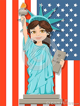 Statue of Liberty. July 4th. Independence Day. Cute cartoon stylized character with USA flag on background. Vector Illustration