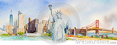 Statue Liberty, Manhattan urban, Golden gate bridge in USA. Cartoon Illustration