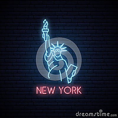 Statue of liberty neon icon. Neon emblem of New York, bright banner. Vector Illustration