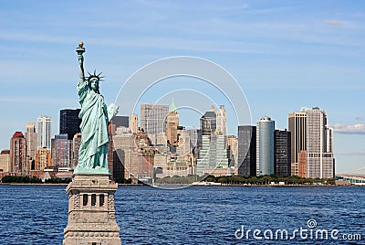 Statue of Liberty and New York City Skyline Stock Photo