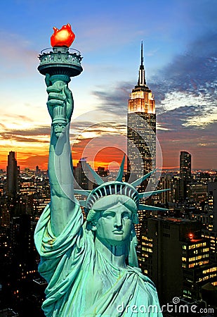 The Statue of Liberty and New York City skyline Stock Photo