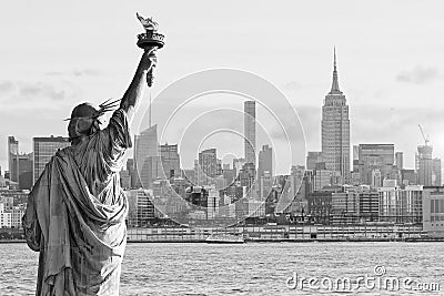 Statue Liberty and New York city skyline black and white Stock Photo