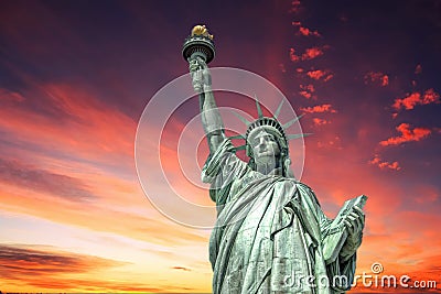 Statue of liberty in New York on dramatic post nuclear war sky background Stock Photo