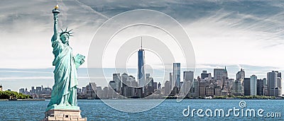 The Statue of Liberty with One World Trade Center background, Landmarks of New York City Stock Photo