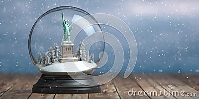 Statue of Liberty in the snow globe glass ball. Travel or trip to New York and USA in winter for celebrate Christmas Cartoon Illustration