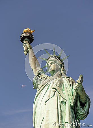 Statue of Liberty symbol of freedom and democracy majestic from below Stock Photo