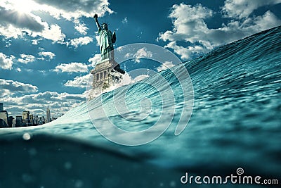 Statue of liberty under attack illustration. Global warming, democracy and crisis concept Cartoon Illustration