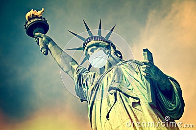 Statue of Liberty wearing a surgical mask. New coronavirus, covid-19 in New York and USA epidemic concept Stock Photo