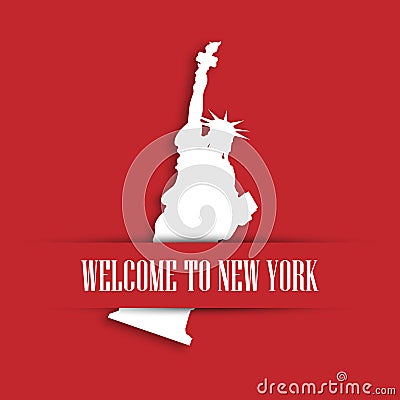 Statue of Liberty white paper cutting in red greeting card pocket with label Welcome to New York. United States symbol Vector Illustration