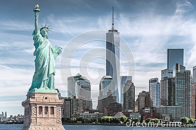 The statue of Liberty with World Trade Center background, Landmarks of New York City Stock Photo