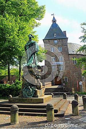 Moers Castle with Statue of Louise Henriette von Brandenburg, North Rhine-Westphalia, Germany Editorial Stock Photo