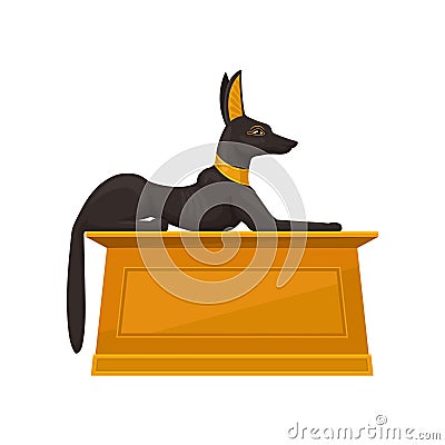 Statue of lying Anubis on golden pedestal, side view. Black-coated wolf or jackal with gold necklace. Flat vector icon Vector Illustration