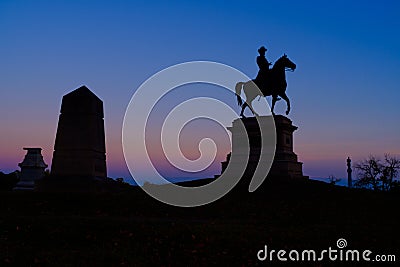 Statue of Major General Winfield Hancock on East Cemetery Hill at Gettysburg, Pa, USA at dusk Stock Photo