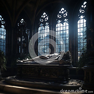 a statue of a man lying on a stone bench in a church Stock Photo