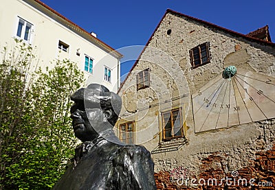 The Statue of Marija JuriÄ‡ Zagorka with sun dial wall in Zagre Editorial Stock Photo