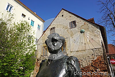 The Statue of Marija JuriÃ„â€¡ Zagorka with sun dial wall in Zagre Editorial Stock Photo