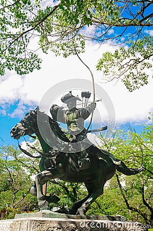 The Statue of Miyamoto no Yoritomo at the Fuji Hongu Sengen Taisha Shrine in Shizuoka, Japan. He was a first shogun during the war Editorial Stock Photo