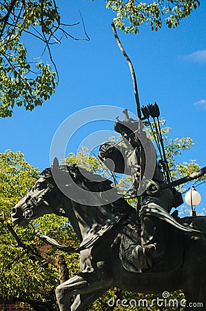 The Statue of Miyamoto no Yoritomo at the Fuji Hongu Sengen Taisha Shrine in Shizuoka, Japan. He was a first shogun during the war Stock Photo