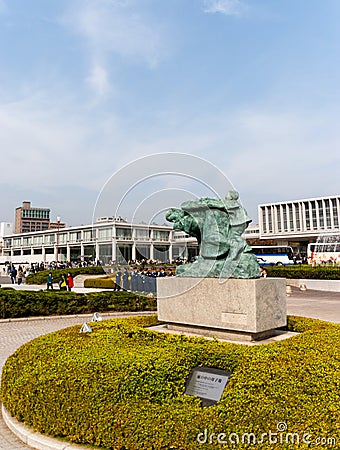 Statue of Mother and Child in the Storm outside the Peace Memorial Musuem in Hiroshima Editorial Stock Photo