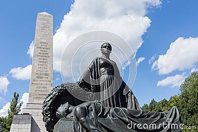 The statue of Mother Russia in the Soviet War Memorial in SchÃ¶nholzer Heide, Berlin, Germany. Editorial Stock Photo