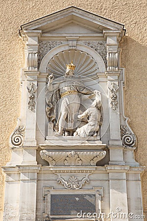 Statue in the niche of the Scottish Church Henry II, Duke of Austria, gives his consent to the church plan. Vienna Stock Photo