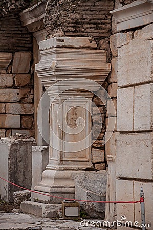 The statue pedestal in Celsus Library in Ephesus ancient city, Turkey Stock Photo