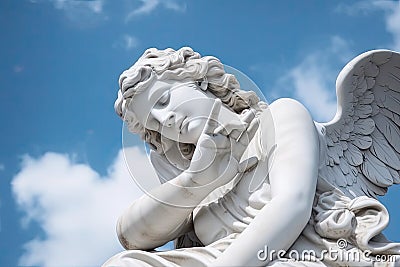 A statue of praying angel over starry sky with copy space Stock Photo