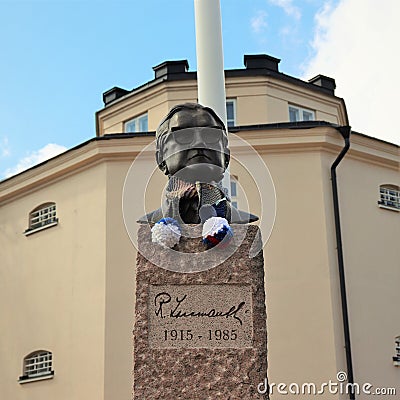 Statue of Ragnar Lassinantti in front of the White Dove in LuleÃ¥ Editorial Stock Photo