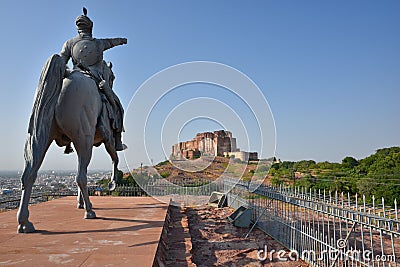 Statue of Rao Jodha and Majestic Mehrangarh Fort located in Jodhpur, Rajasthan, is one of the largest forts in India. Stock Photo