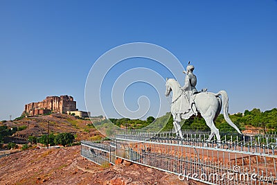 Statue of Rao Jodha and Majestic Mehrangarh Fort located in Jodhpur, Rajasthan, is one of the largest forts in India. Stock Photo