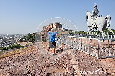 Statue of Rao Jodha and Majestic Mehrangarh Fort located in Jodhpur, Rajasthan, is one of the largest forts in India. Stock Photo