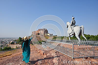 Statue of Rao Jodha and Majestic Mehrangarh Fort located in Jodhpur, Rajasthan, is one of the largest forts in India. Stock Photo