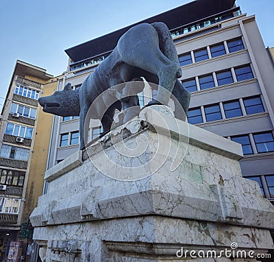 Statue of Romulus, Remus and She-wolf in Bucharest Editorial Stock Photo