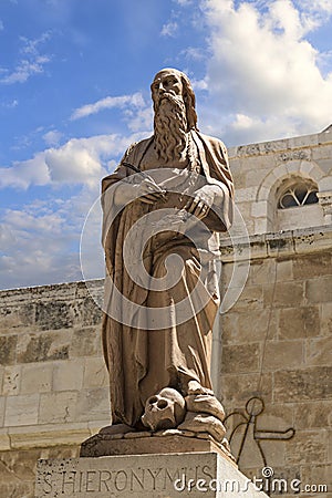 Statue of Saint Jerome St. Hieronymus in Church of Nativity in Editorial Stock Photo