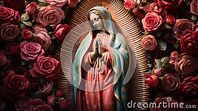 Statue of Saint Mary of Guadalupe (Virgen de Guadalupe) in honor of the celebration of the Mexican holiday of Stock Photo