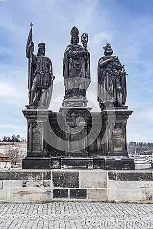 Statue of Saints Norbert of Xanten, Wenceslas and Sigismund on Charles Bridge, Prague, Czech Republic Stock Photo