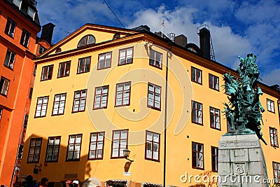 Statue of Sankt Goran & the Dragon in Stockholm, Sweden - a bronze copy of a wooden sculpture from Storkyran and Stockholm Editorial Stock Photo