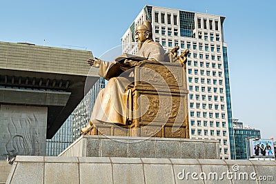 Statue of the Sejong daewang, also called the Sejong the Great, the fourth king of Joseon-dynasty of Korea, and the alphabet of Editorial Stock Photo