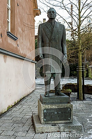 A statue of Sigval Bergesen the Younger, Norwegian shipping magnate and industrialist, in Stavanger city centre harbor Editorial Stock Photo