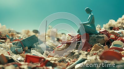 A statue sits on top of a pile of trash, AI Stock Photo